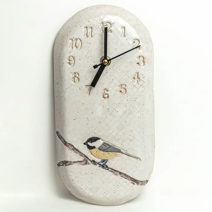 Handmade Chickadee White Ceramic Wall Clock