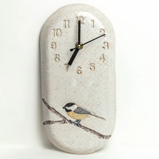 Handmade Chickadee White Ceramic Wall Clock