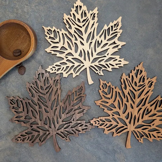Assorted Hand Carved Maple Leaf Coaster - Set of 4